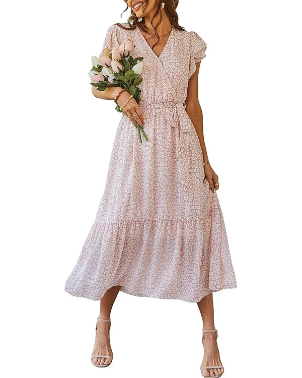 PRETTYGARDEN Women's 2024 Floral Boho Dress Wrap V Neck Short Sleeve Belted Ruffle Hem A-Line Flo... | Amazon (US)