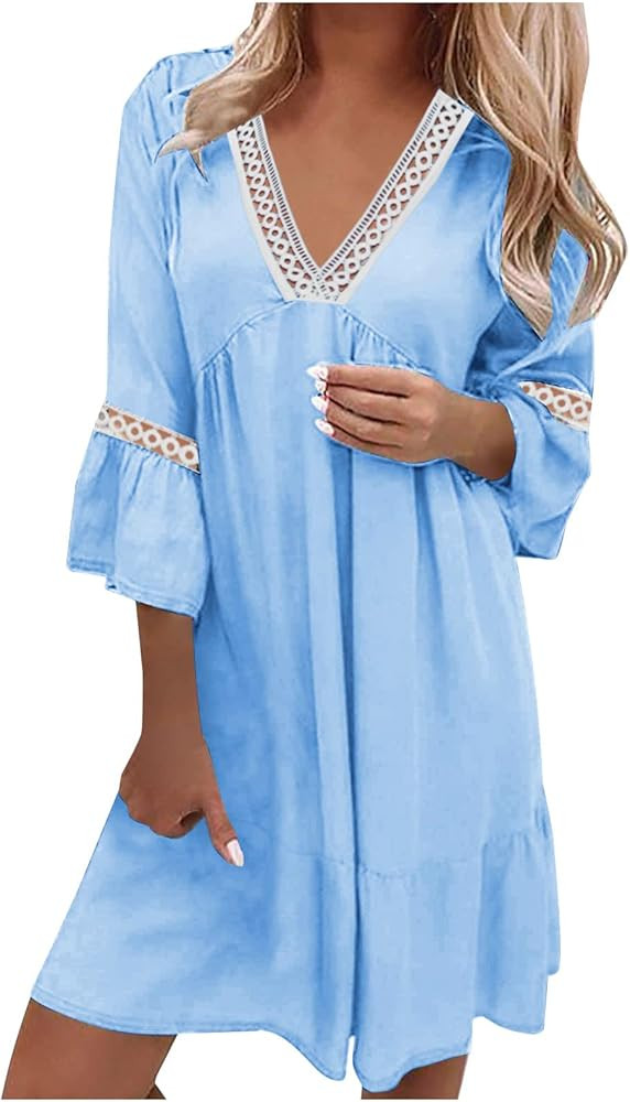 NaRHbrg Women's 2024 Summer Dress V Neck 3/4 Sleeve Dresses Hollow Out Casual Dress Sweet Cute Sh... | Amazon (US)