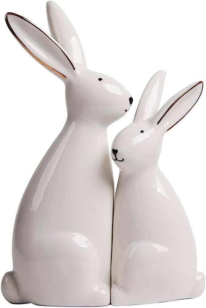 HAUCOZE 2pcs Sculpture Rabbit Statue Decor Geometric Bunny Ceramic Home Arts 7.6 inch | Amazon (US)