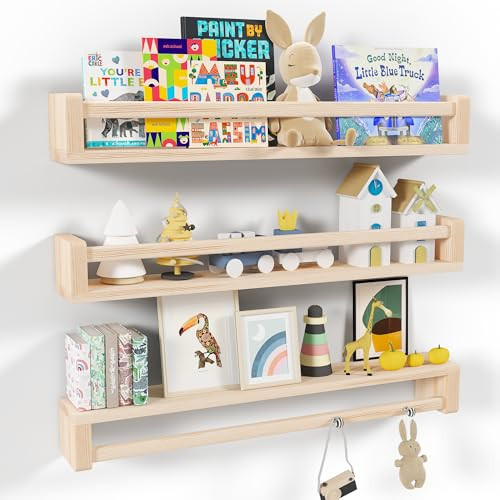 Heimlove Nursery Floating Shelves, Wood Nursery Book Shelves for Wall, 32 inch Wall Bookshelf for Kids Solid Wood Wall Mounted Shelves for Books,Toys and Decor Storage, Set of 3 | Amazon (US)