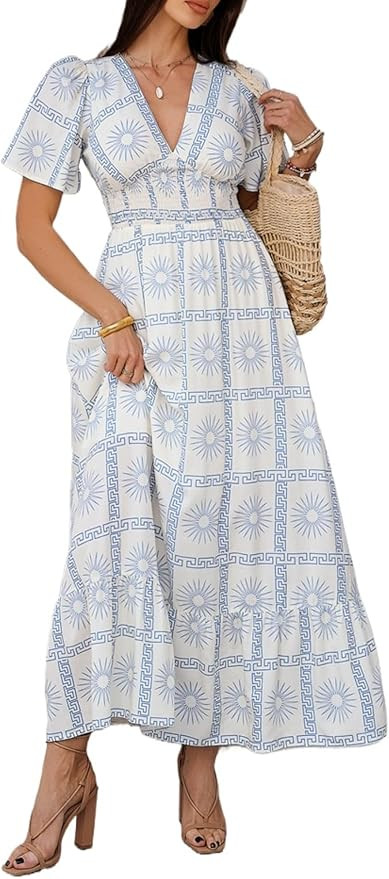 Boho Floral Maxi Dress for Women 2026 Empire Waist Short Sleeve Dresses Summer Beach Vacation Wed... | Amazon (US)