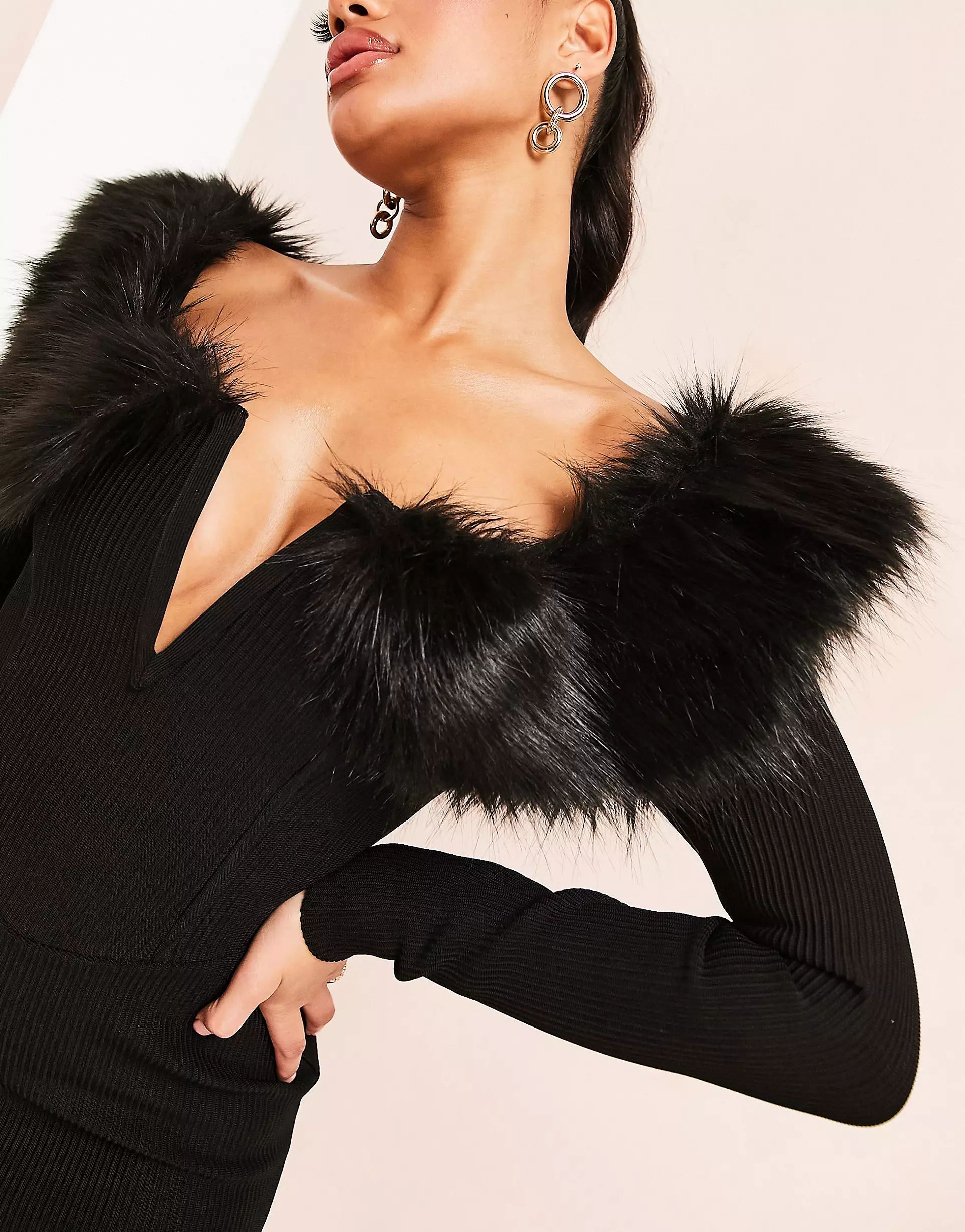 ASOS LUXE plunge faux fur knit mini dress in black | ASOS (Global)