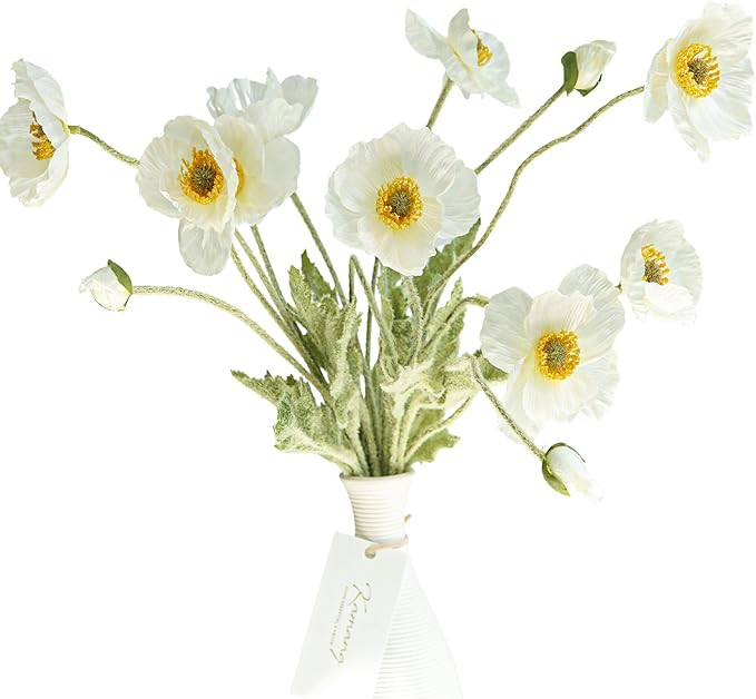 Kamang Artificial Poppy White Silk Flower (3 Stems) for Home Decor, Garden Decor, Wedding, Office... | Amazon (US)