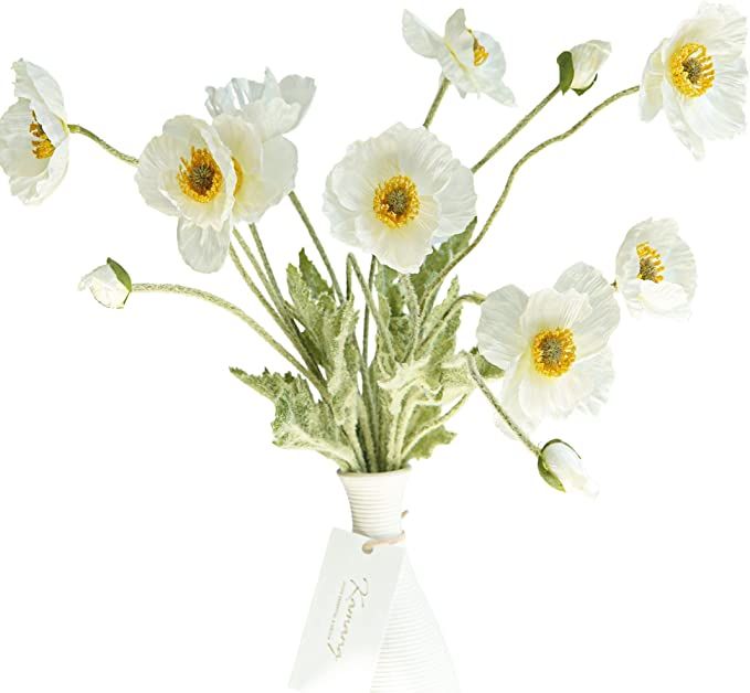 Kamang Artificial Poppy White Silk Flower (3 Stems) for Home Decor, Garden Decor, Wedding, Office... | Amazon (US)