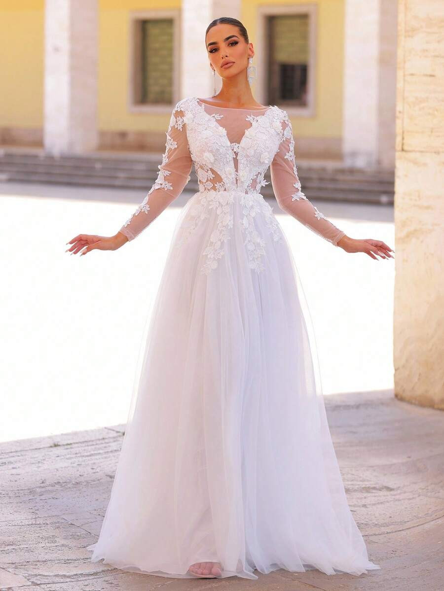 Glamrae Elegant Handmade Floral Applique Long Sleeve Waist Sheer Maxi Dress, Suitable For Wedding... | SHEIN