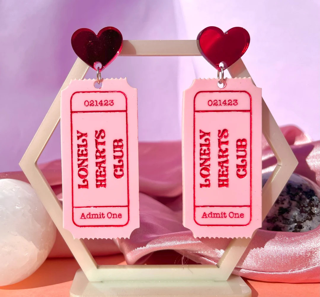 Lonely hearts club valentines earrings, movie ticket earrings, pink and red valentines day themed... | Etsy (US)