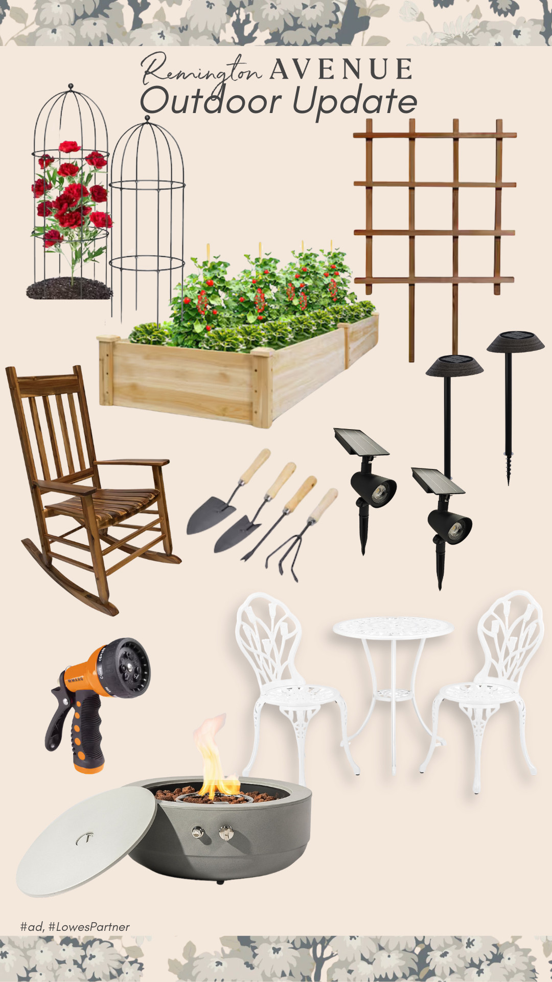 So May deals to update your Outdoor Backyard with @lowes 
Outdoor solar accent lighting, Round Tomato and rose cage. 
Garden bed. Wooden Trellis. Solar lights. Wooden rocking chair. Outdoor Bistro Set. Outdoor Campfire. Home nozzle. Garden Tool Set. 


#ad #LowesPartner