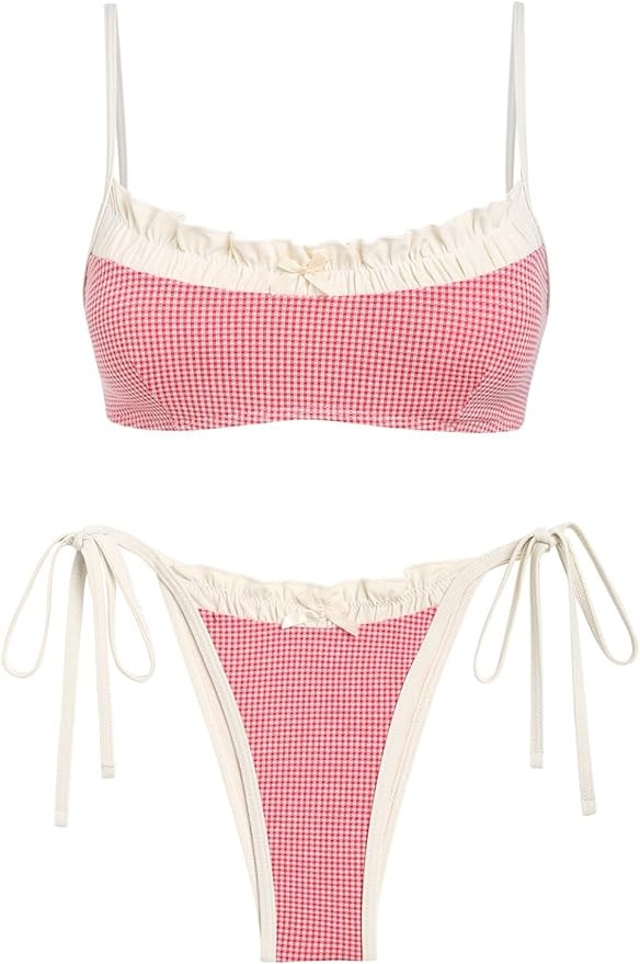 Gingham Spliced Ruched Ruffles Trim Bowknot Decor Tie Side Bikini Set | Amazon (US)