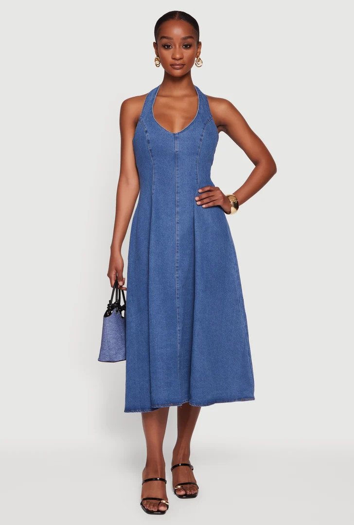 Denim Tie Back Midi Halter Dress | Rainbow Shops