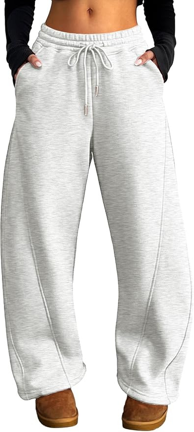 ELLEVEN Women's Fleece-Lined Barrel Leg Sweatpants Pants Casual with Adjustable Ankle Drawstring ... | Amazon (US)