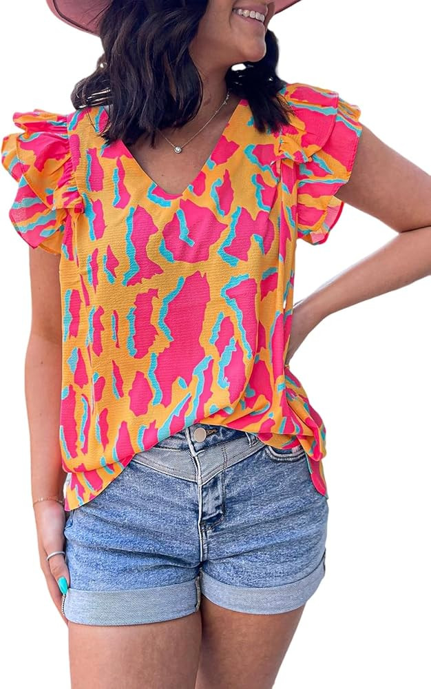 Casual Tops for Women Orange Abstract Print V Neck Ruffled Sleeve Blouse | Amazon (US)