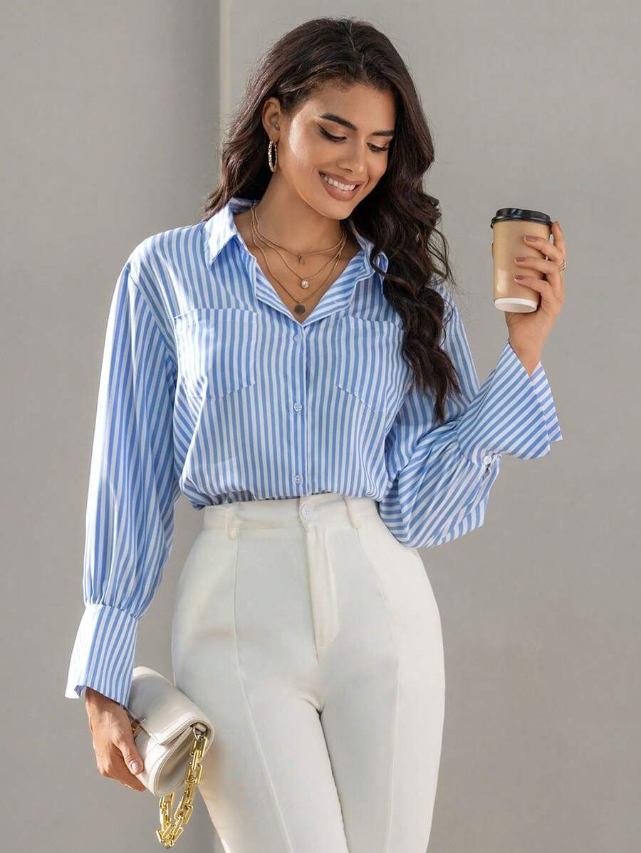 SHEIN BIZwear Striped Print Button Front Shirt Workwear | SHEIN