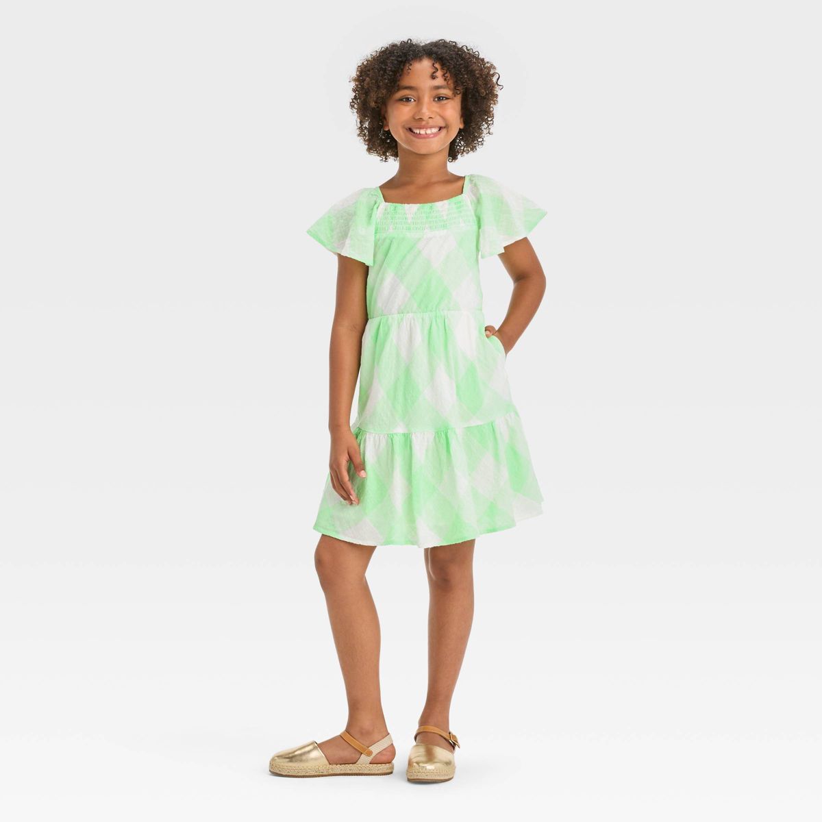 Girls' A-line Flutter Sleeve Checkered Woven Dress - Cat & Jack™ Light Green | Target