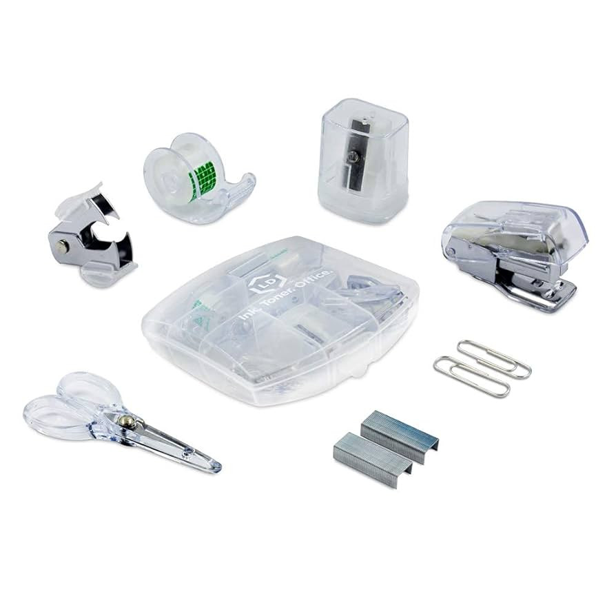 LD Products Clear Mini Office Supply Kit Portable Case with Scissors, Paper Clips, Tape Dispenser... | Amazon (US)