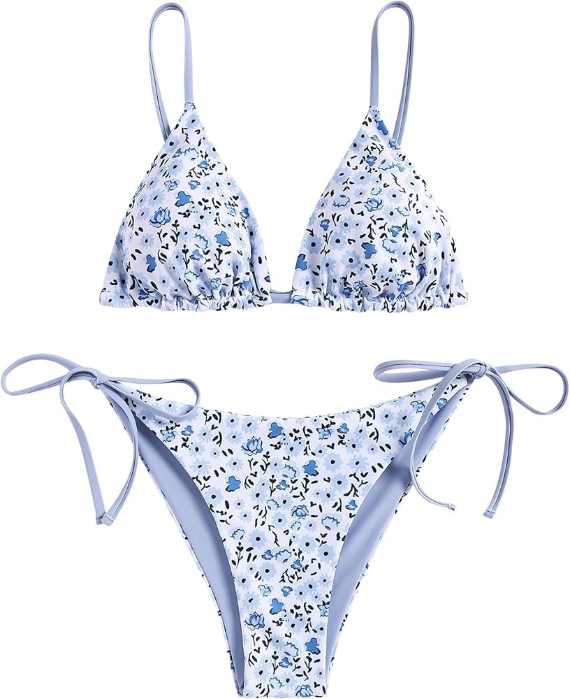ZAFUL Women's Triangle Bikini Floral String Bikini Set Two Piece Swimsuit Bathing Suits | Amazon (US)