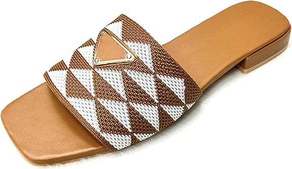 Womens Embroidered Slides Flat Sandals Summer Square Open Toe Beach Fashion Slide Sandals | Amazon (US)