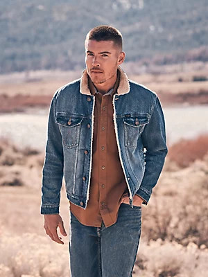 Men's Wrangler® Sherpa Lined Denim Jacket in Mid Wash | Wrangler