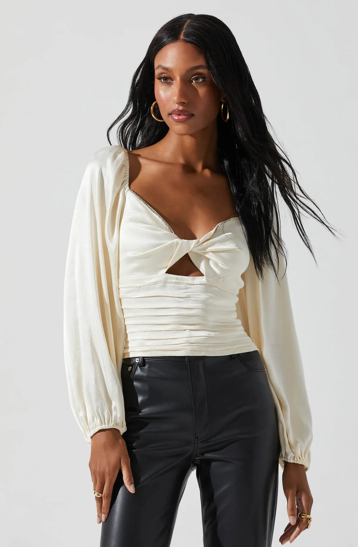 Yamuna Rhinestone Trim Long Sleeve Top | ASTR The Label (US)