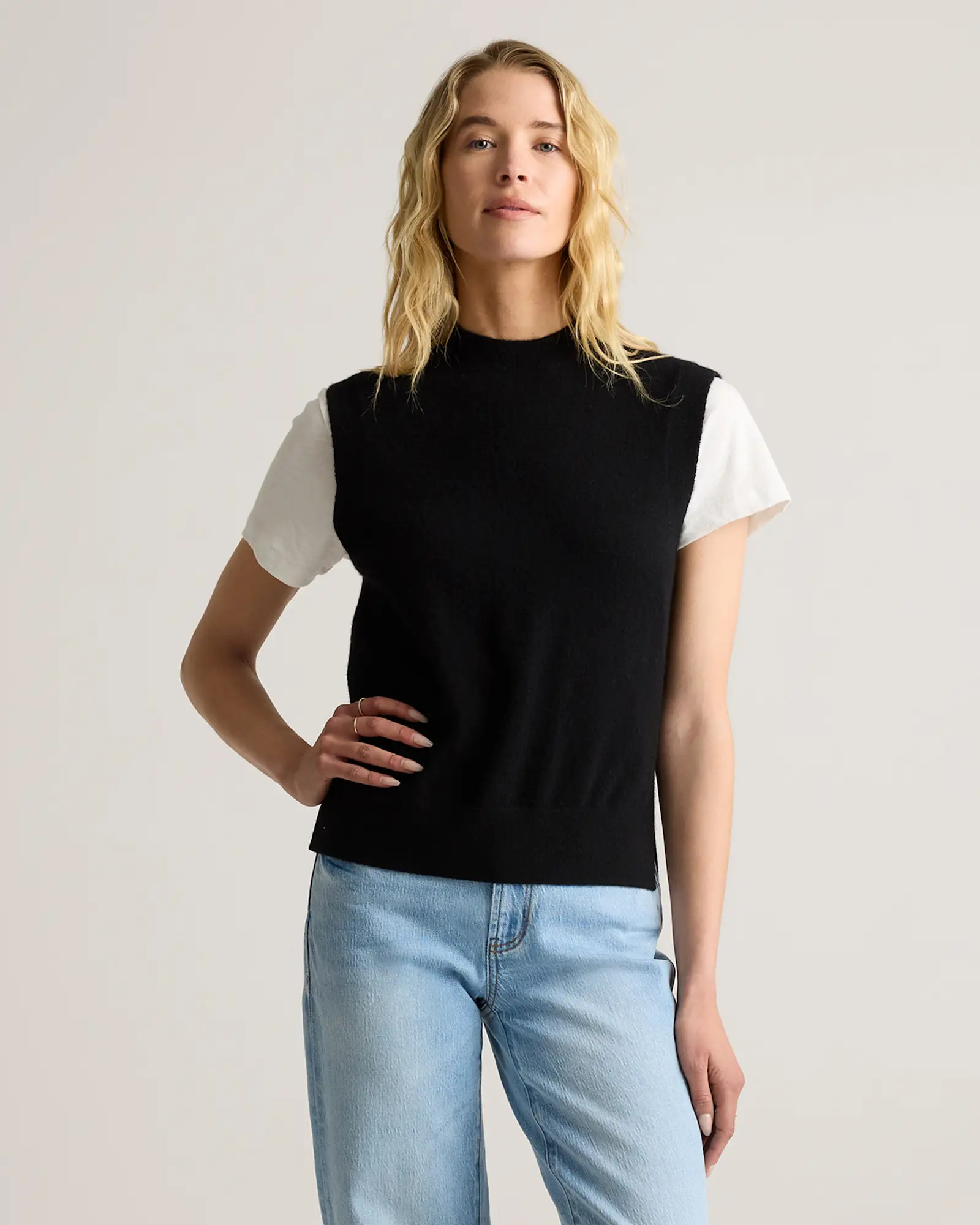 Mongolian Cashmere Mock Neck Sweater Vest  in Black | Quince
