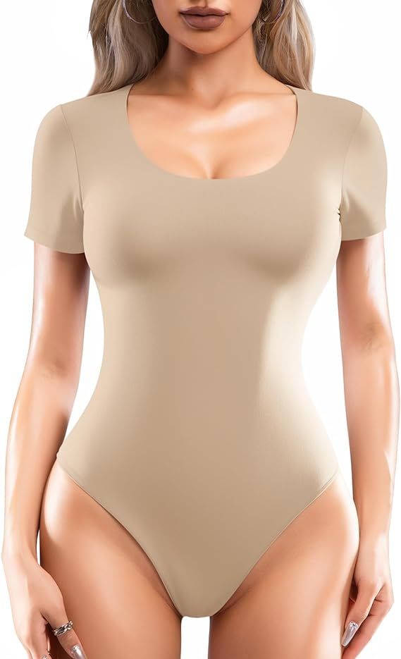 MANGOPOP Double Lined Short Sleeve Bodysuits for Women Scoop Neck Thong Bodysuit Tops Seamless | Amazon (US)