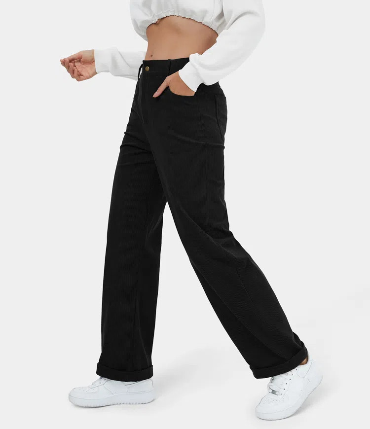 Women’s High Waisted Button Zipper Pocket Corduroy Wide Leg Casual Pants - Halara | HALARA