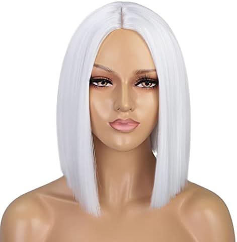 ENTRANCED STYLES White Wig Short Bob Wigs for Women 12Inch Heat Resistant Middle Part Straight Synth | Amazon (US)