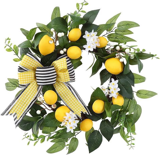 Adeeing 20" Artificial Lemon Door Wreath, Spring Summer Fruit Lemon Wreath with Large Yellow Blac... | Amazon (US)