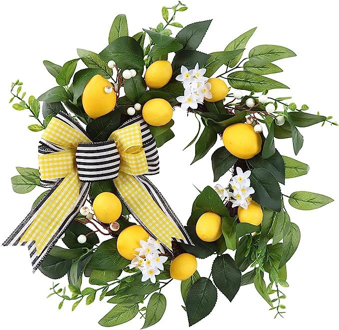 Adeeing 20" Artificial Lemon Door Wreath, Spring Summer Fruit Lemon Wreath with Large Yellow Blac... | Amazon (US)