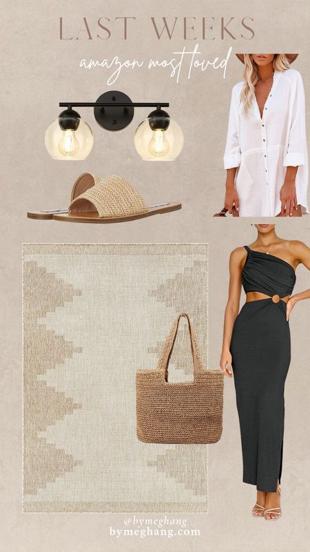 Last weeks most loved and best selling amazon items! Bathroom vanity light fixture for less than $60, the best beach cover up with pockets, affordable outdoor rug, cutest woven summer slide sandals, affordable summer vacation dress, packable beach bag 

#LTKstyletip #LTKhome #LTKFind