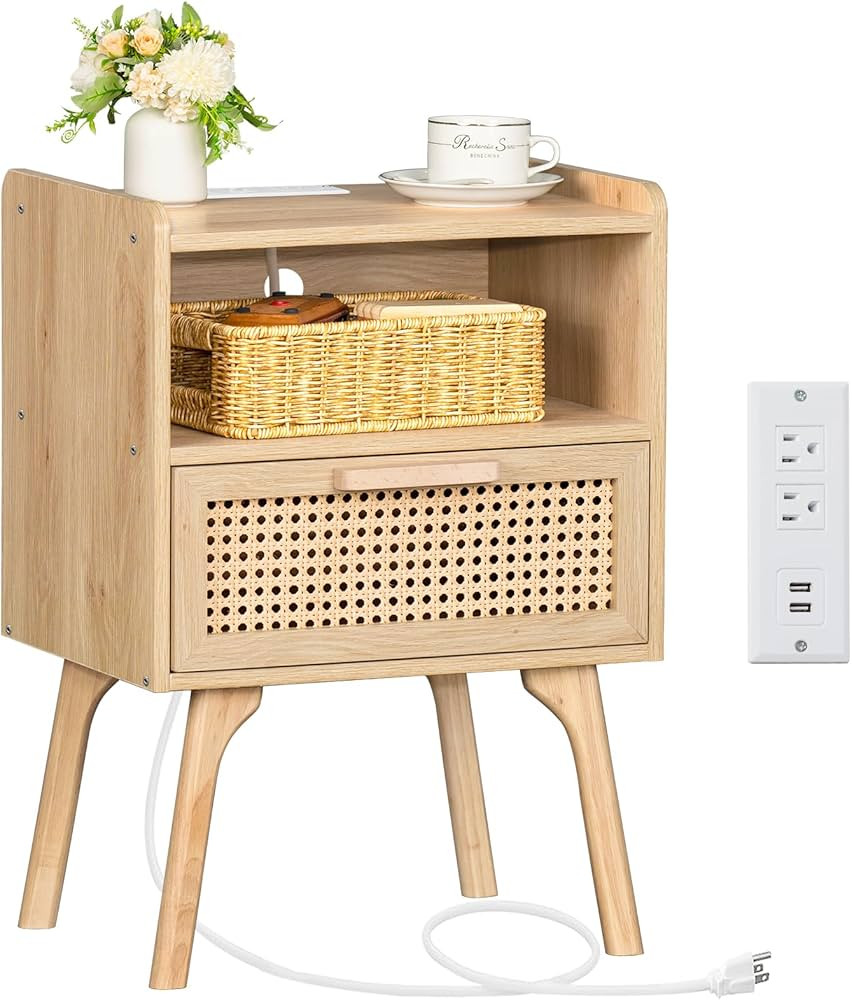 Amazon.com: Lerliuo Rattan Nightstand with Charging Station, Boho Side Table with Drawer Open She... | Amazon (US)