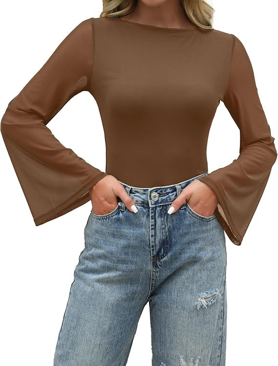 Going Out Tops for Women Bell Sleeve Shirts Fall Trendy Boat Neck Top | Amazon (US)