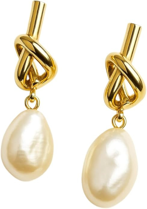 14K Gold Plated Knot Pearl Drop Earrings for Women Elegant Baroque Freshwater Pearl Design Dangle... | Amazon (US)