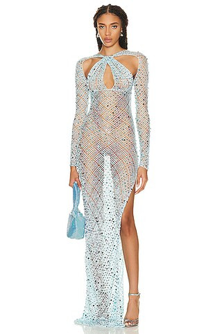 Coperni Sequin Crochet Cut Out Maxi Dress in Ice Blue | FWRD | FWRD 