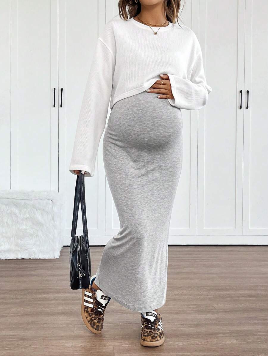 SHEIN Set Of 2: Raglan Sleeve Top And Solid Color Bodycon Maternity Dress, Suitable For Autumn | SHEIN