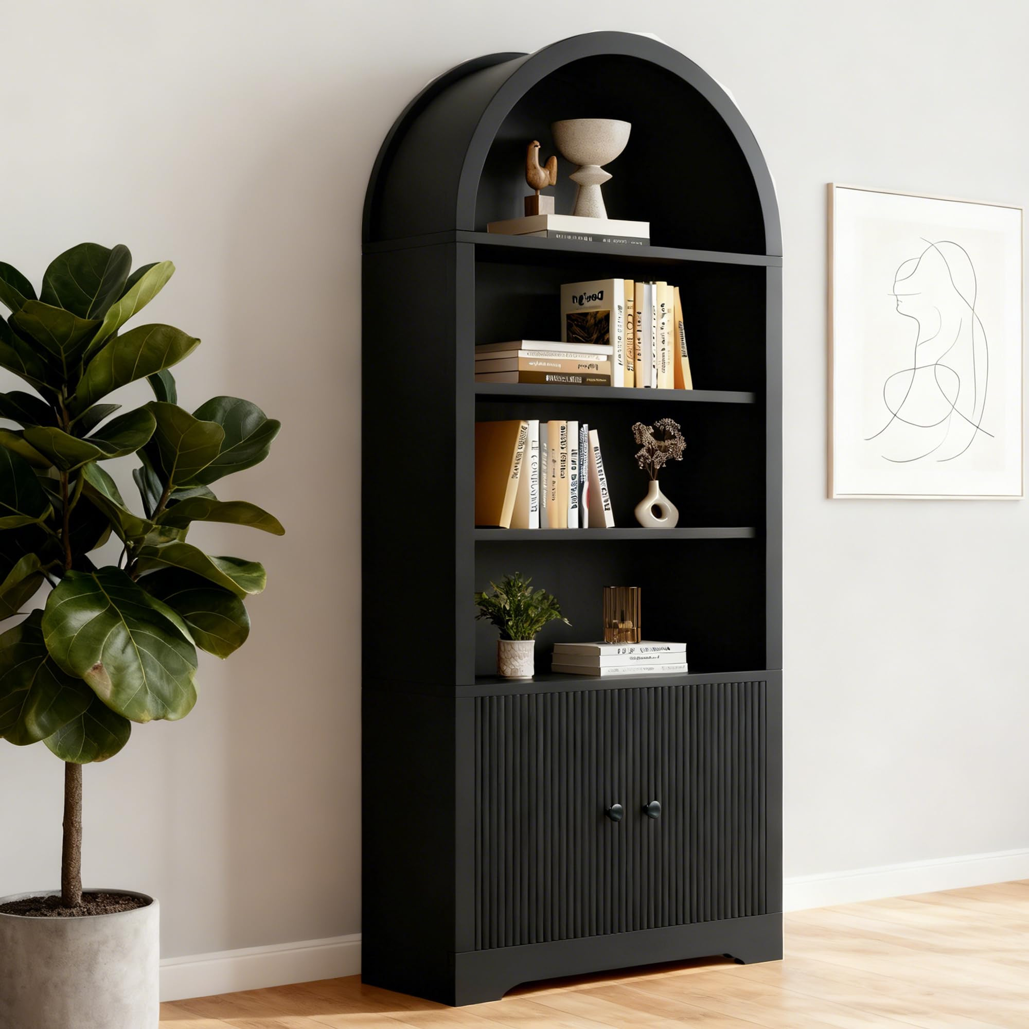 70" Tall Arched Bookshelf, 2 Doors 6 Tiers Arch Bookcase with Storage, Modern Farmhouse Book Shel... | Amazon (US)