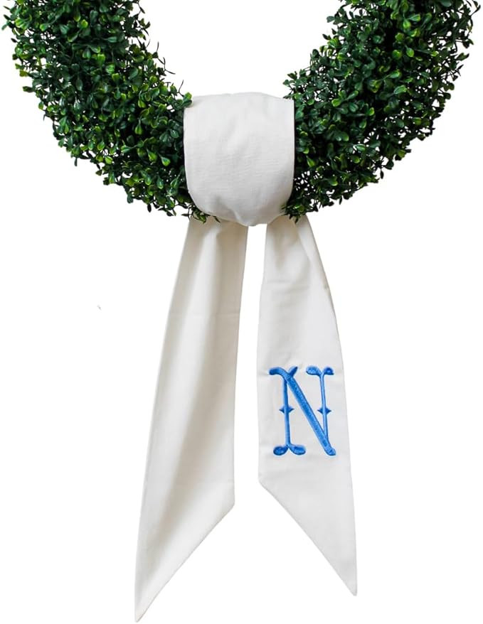 Monogram Wreath Sash for Front Door, White Embroidered Linen Wreath Sash, Porch Accessory for Xma... | Amazon (US)