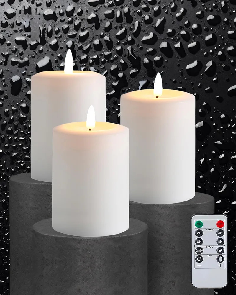 3"x4" Flickering Flameless Candles with Remote Timer, 3" Diameter White Pillar, Real Wax, Set of ... | Amazon (US)