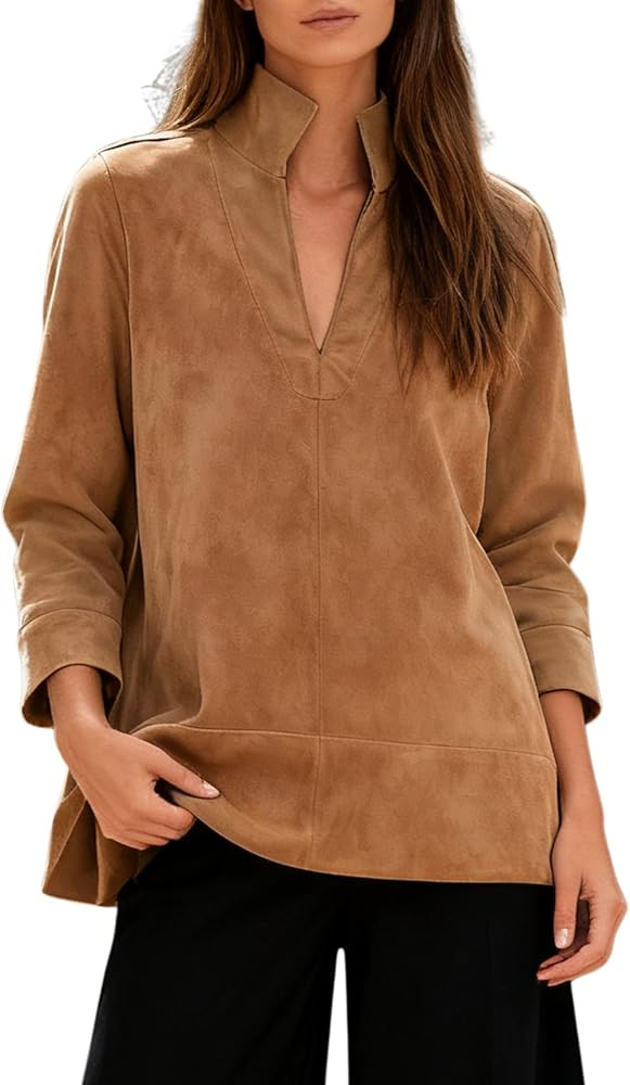 Yidarer Women's Faux Suede Blouse 3/4 Sleeve Stand Collar Pullover Top Fall Fashion Casual Daily ... | Amazon (US)