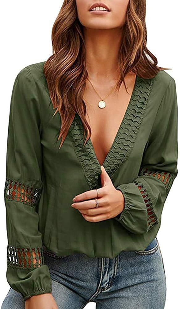 Viracy Womens V Neck Lantern Long Sleeve Blouse Hollow Out Casual Shirts Tops | Amazon (US)