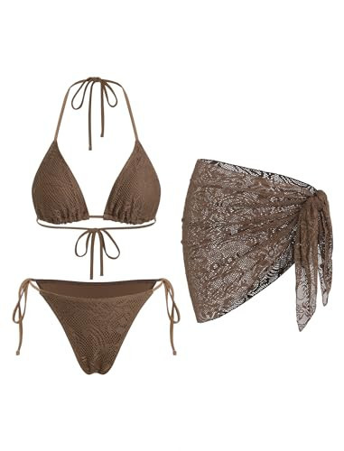 ZAFUL Womens 3pcs Swimsuit Floral Halter Triangle Bikini Top Tie Side Bottom with Long Sheer Cover Up Skirt 8-Brown M | Amazon (US)