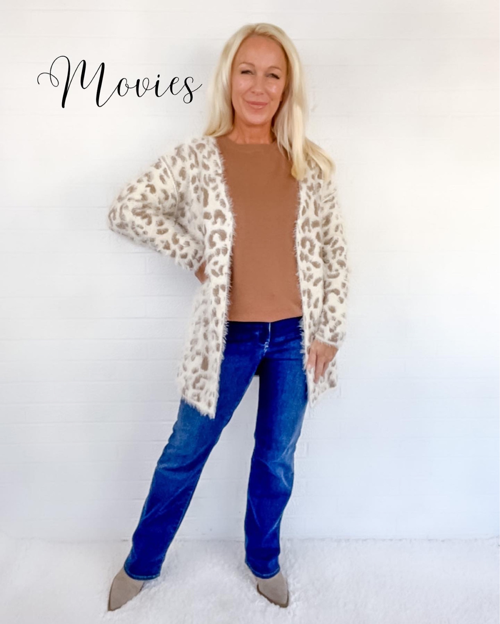 Movies outfit / weekend outfit / leopard cardigan / baby boot cut jeans / barely boot cut jeans fall outfit / booties

#LTKunder50 #LTKSeasonal #LTKstyletip