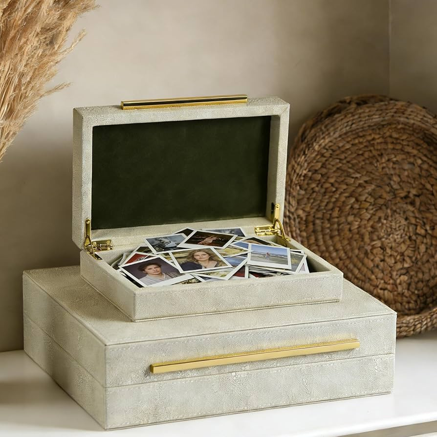 Decorative Photo Storage Box Set of 2 PU Leather Photo Organizers and Storage Box with Lids for P... | Amazon (US)