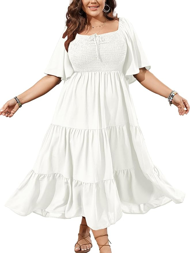 SCOMCHIC Women's Plus Size Flowy Maxi Dress Flutter Short Sleeve Boho Dress Square Neck Smocked F... | Amazon (US)