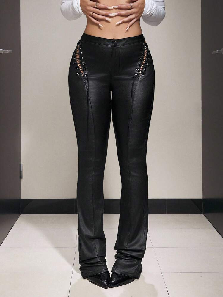 SHEIN Jeanoir PU Leather Hollow-Out Lace-Up Black Flare Pants, For Women | SHEIN
