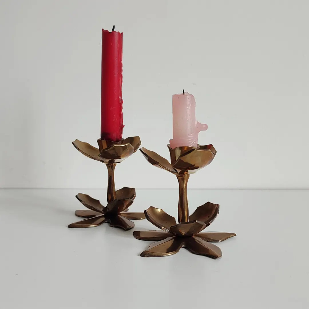 Vintage Pair Brass Lotus Candleholders Set of 2 Brass Flower Figurine Candlesticks Two Candle Hol... | Etsy (US)