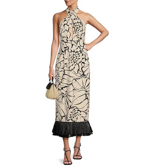 x M.G. Style Sommers Halter Linen Blend Shell Print Fringe Detail Dress | Dillard's