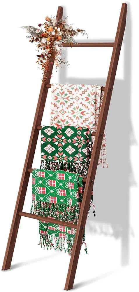 5-Tier Blanket Ladder Wooden, 5.3FT(63'') Blanket Quilt Towel Holder Rack Decorative Ladder, Easy... | Amazon (US)