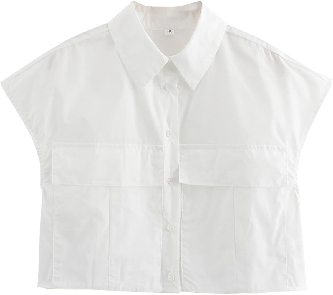 Perbai Womens Cropped Button Down Shirt Cap Sleeve Collared V Neck Summer Crop Top with Pockets | Amazon (US)