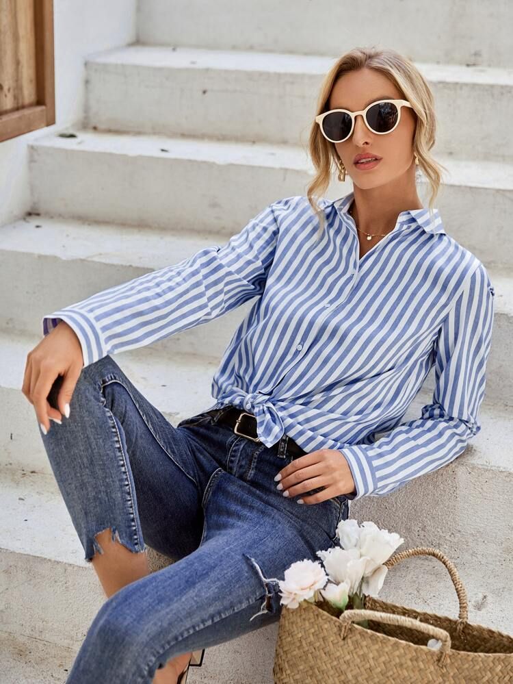 Striped Button Up Blouse | SHEIN