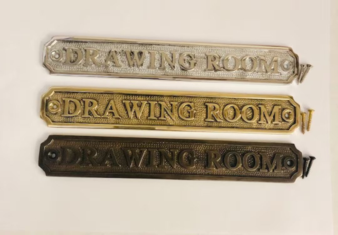 Solid brass Drawing room door sign available in three finishes - silver nickel, antique bronze or... | Etsy (US)